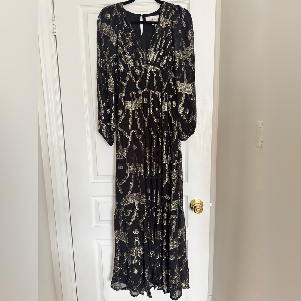 ba&sh Black Maxi Dress with Metallic Gold Pattern - Picture 2 of 4